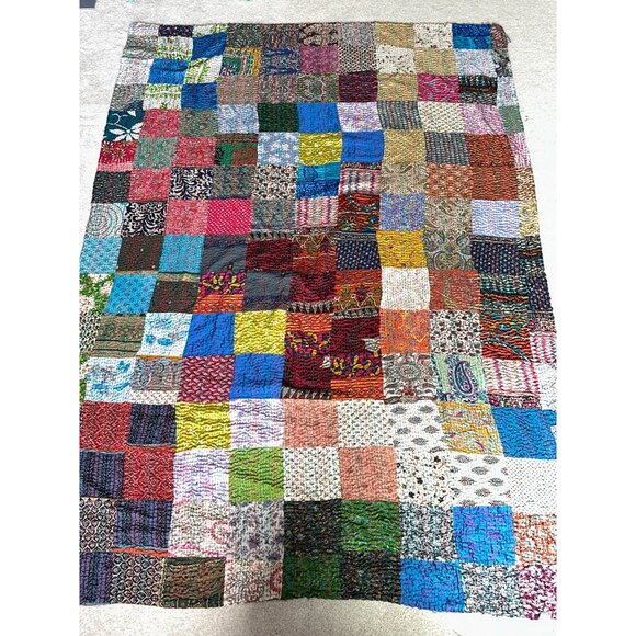Taj Hotel Kantha Colorful Patchwork Silk Rayon Throw Blanket 62x84 - Picture 1 of 10